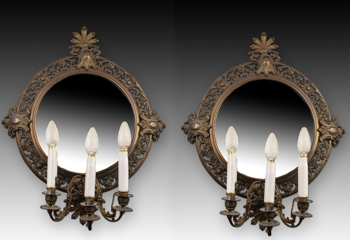Pair Of Mirrors With Sconces. Metal, Glass. 20th Century. 