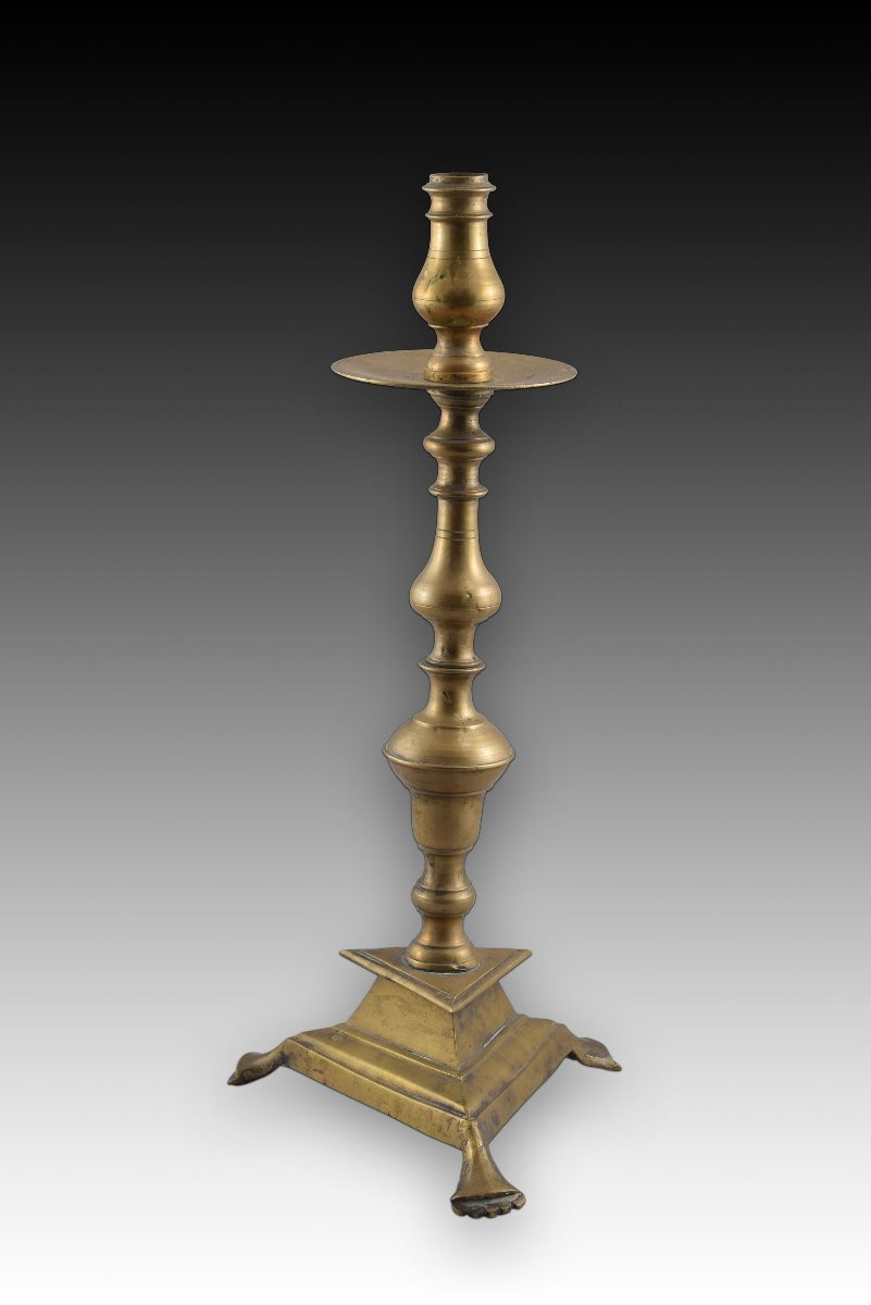 Candlestick With Triangular Base. Bronze. Spain, 18th Century. -photo-4
