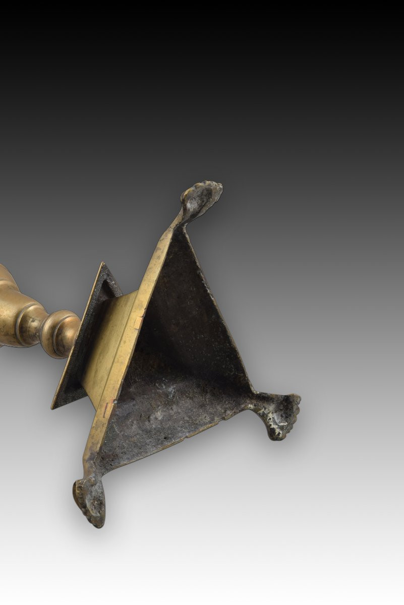 Candlestick With Triangular Base. Bronze. Spain, 18th Century. -photo-1