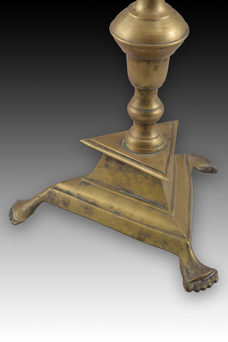 Candlestick With Triangular Base. Bronze. Spain, 18th Century. -photo-3