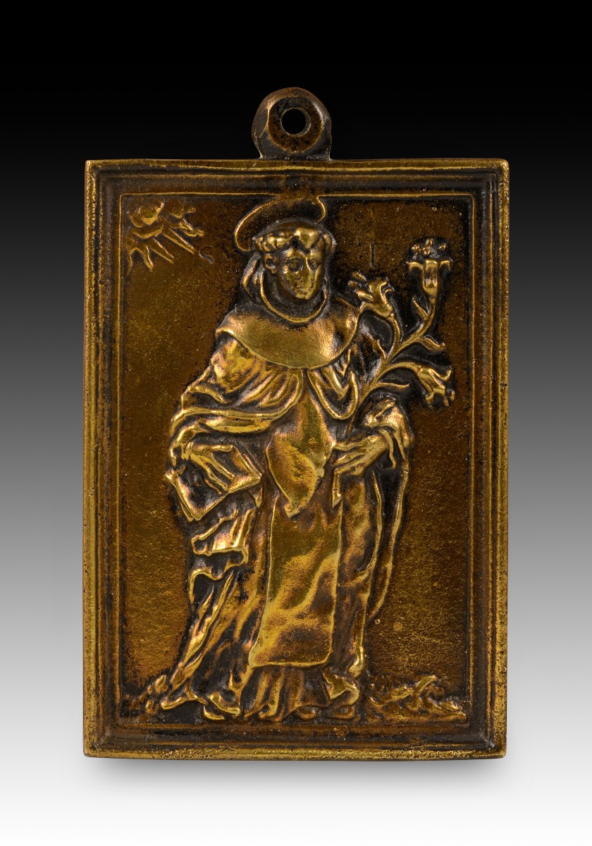  Devotional Plaque, Saint Thomas Aquinas. Bronze. Spanish School, 17th-18th Centuries.