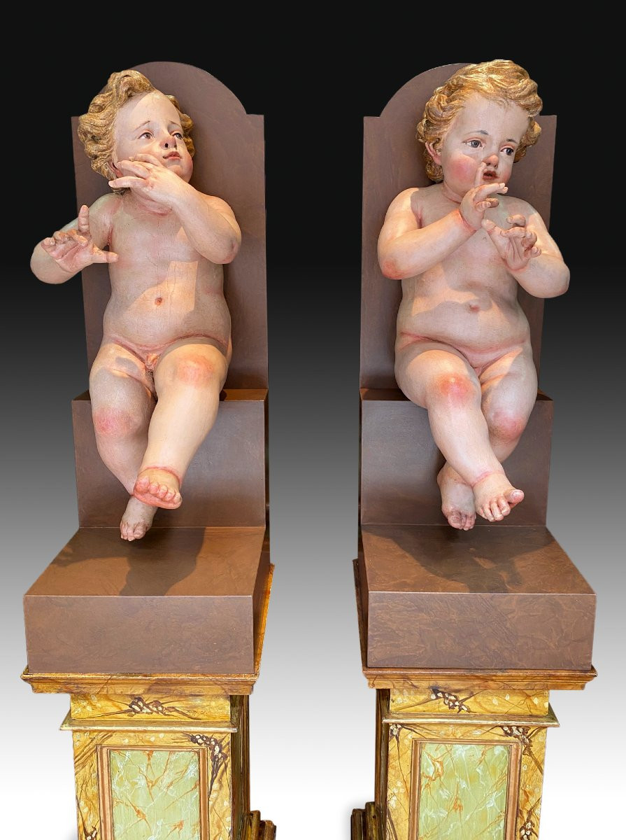 Pair Of Children. Polychrome Pine Wood. 18th Century.  -photo-2