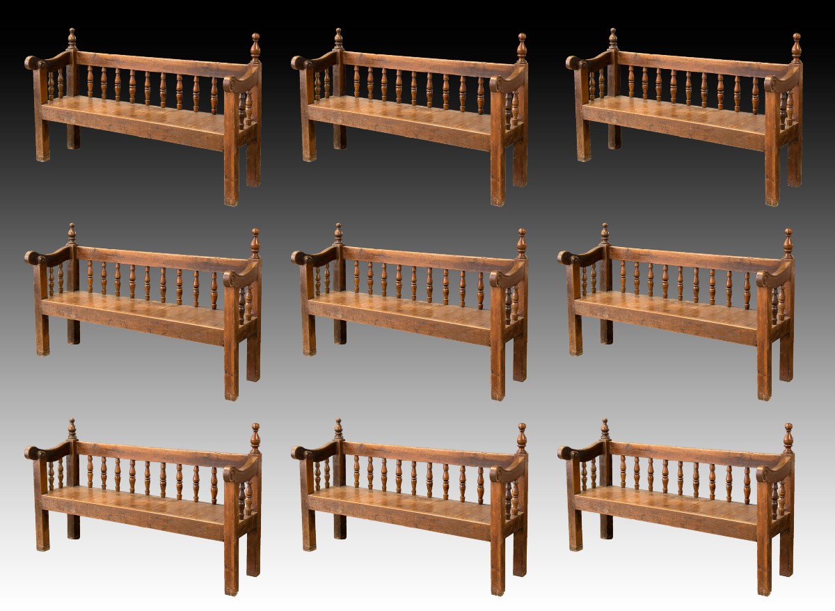 Banc. Bois de noyer sculpté. 20e siècle.  Neuf unités disponibles, prix à l'unité.