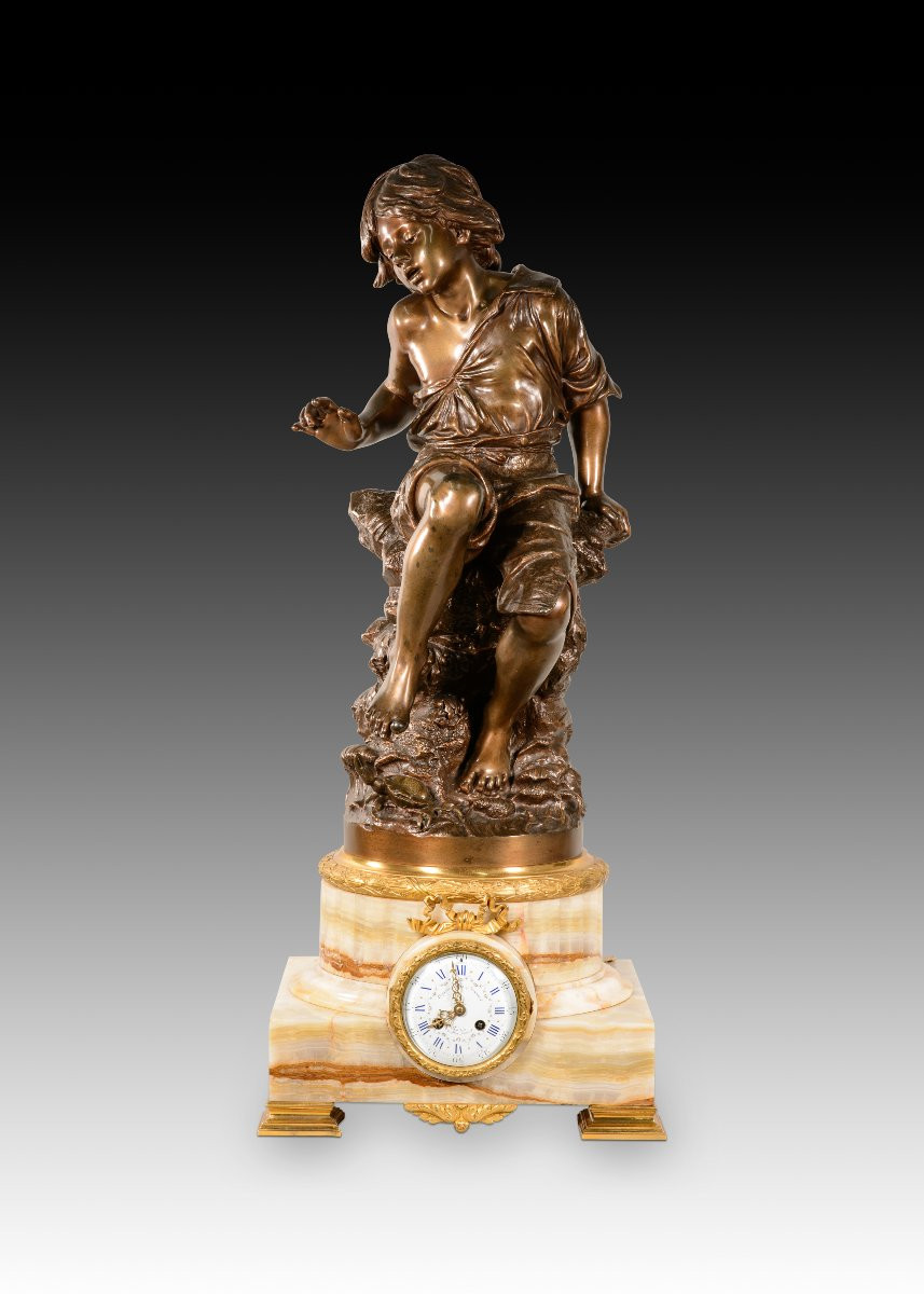 Clock With Sculpture. Bronze, Stone. Coupier Fila Et Provart, Paris, France, Late 19th Century.-photo-2