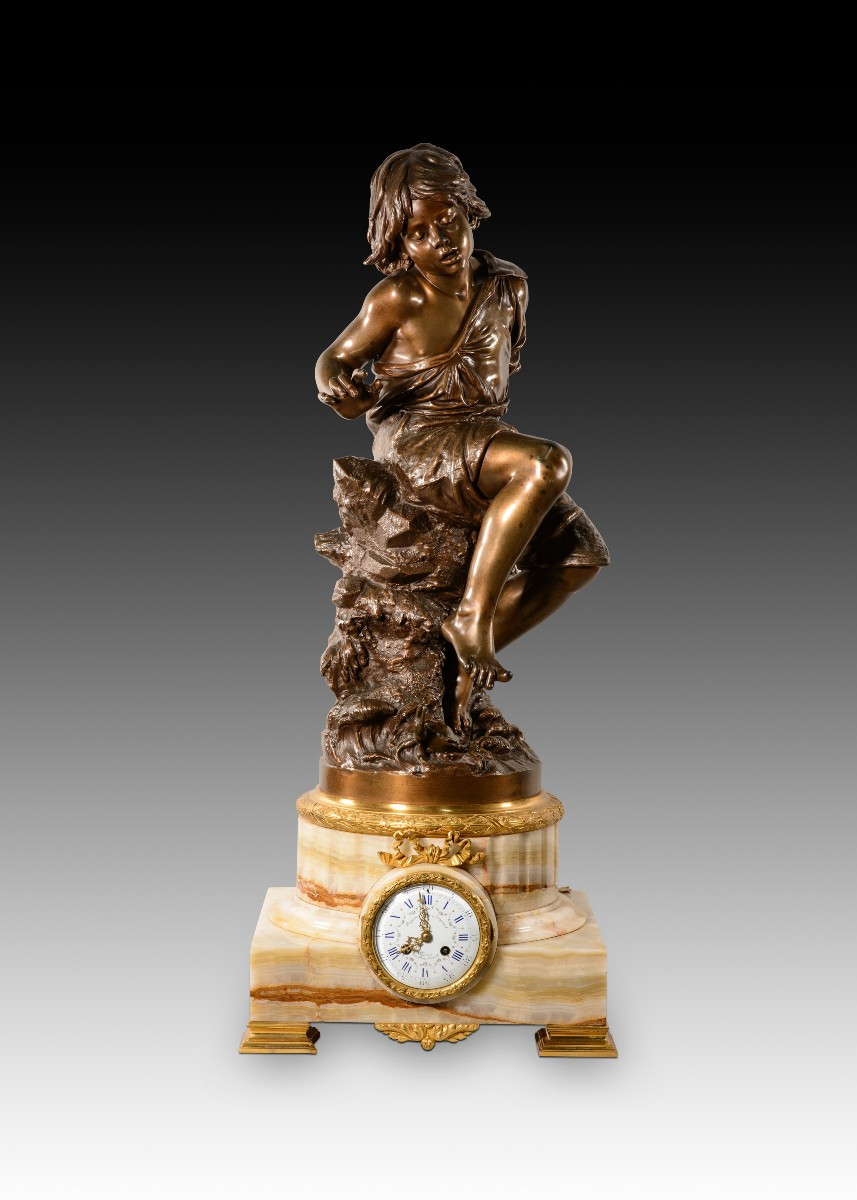 Clock With Sculpture. Bronze, Stone. Coupier Fila Et Provart, Paris, France, Late 19th Century.