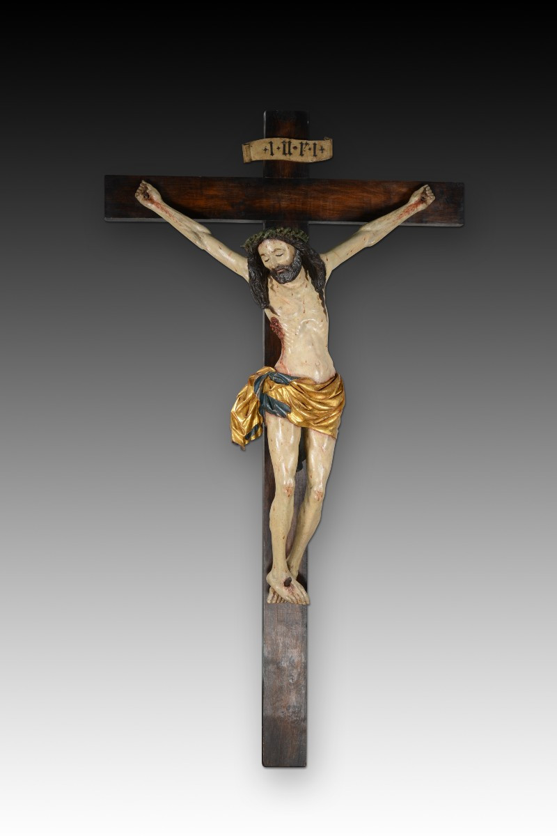 Christ crucifié, crucifix douloureux. Bois sculpté et polychrome. Probablement école allemande.