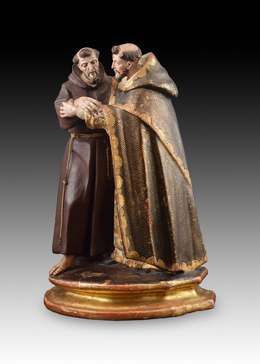 “meeting Between Saint Dominic And Saint Francis”. Polychrome Terracotta Sculpture. -photo-2