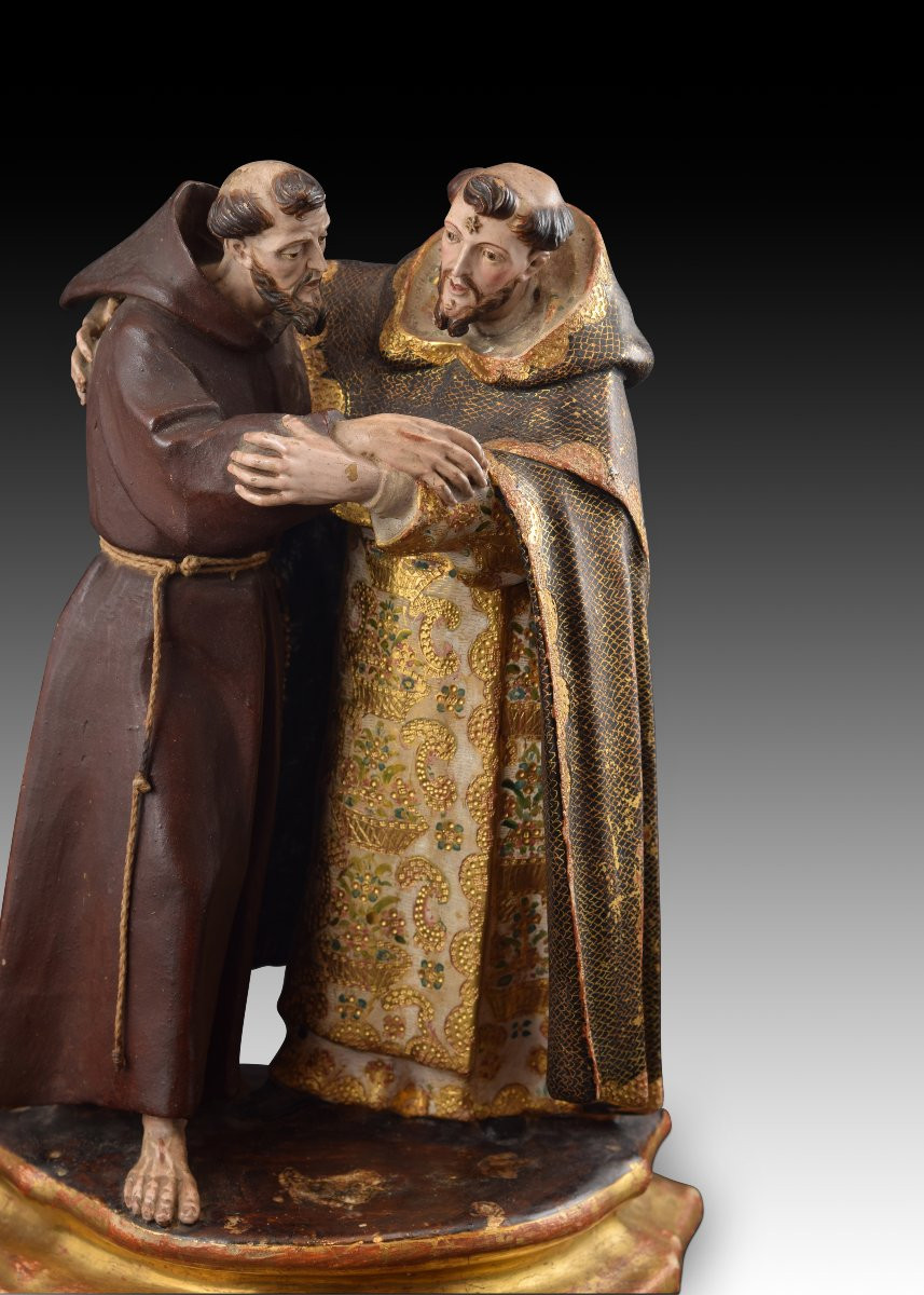 “meeting Between Saint Dominic And Saint Francis”. Polychrome Terracotta Sculpture. -photo-3