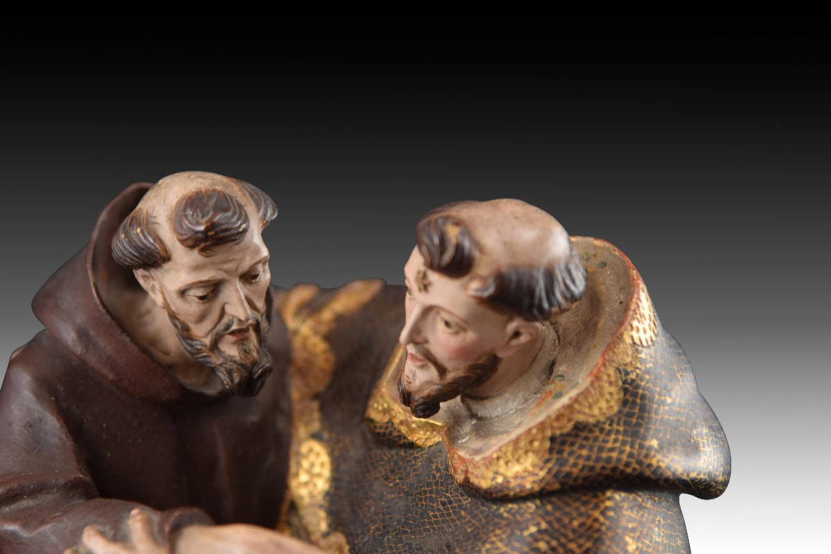 “meeting Between Saint Dominic And Saint Francis”. Polychrome Terracotta Sculpture. -photo-1