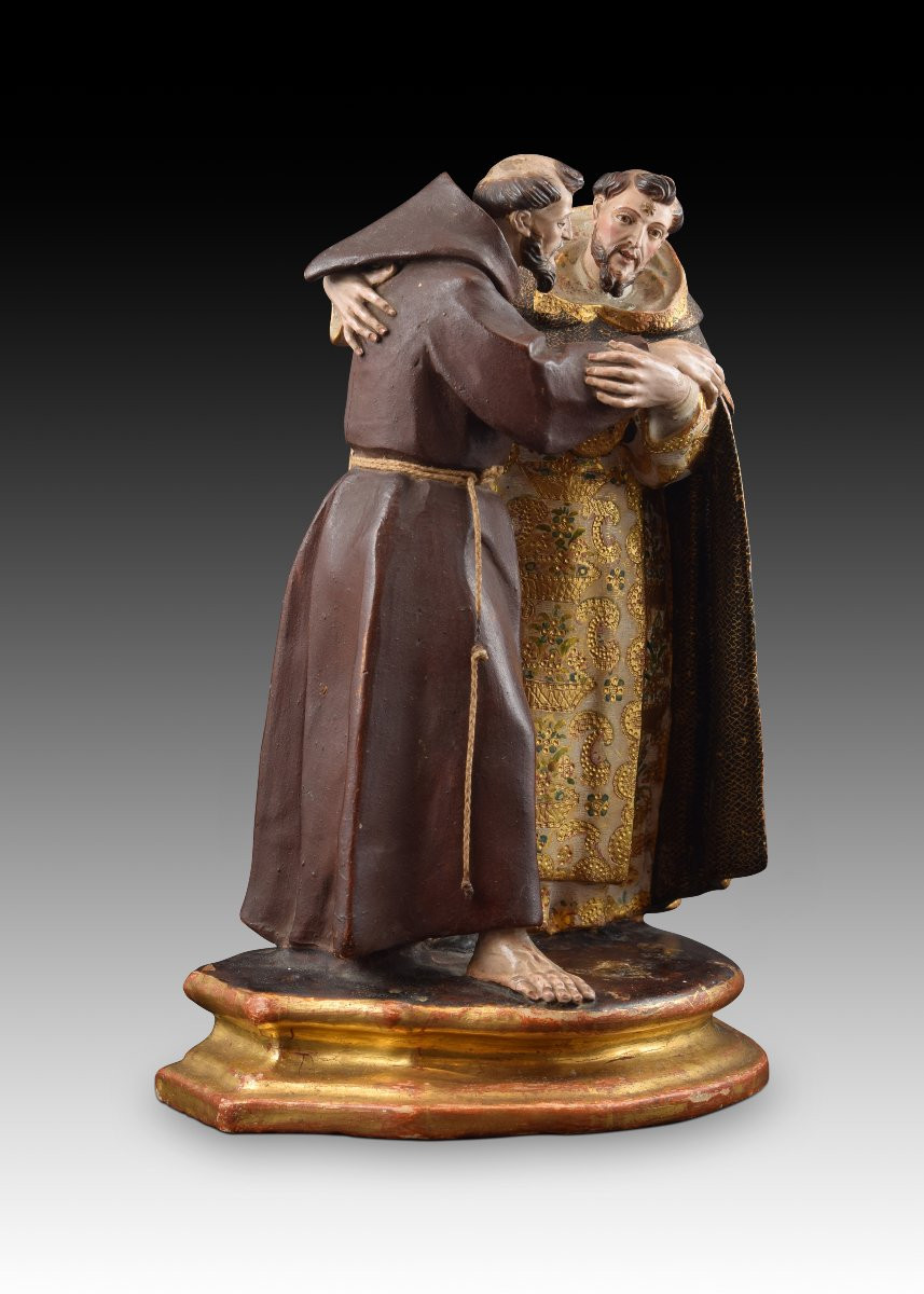 “meeting Between Saint Dominic And Saint Francis”. Polychrome Terracotta Sculpture. -photo-2