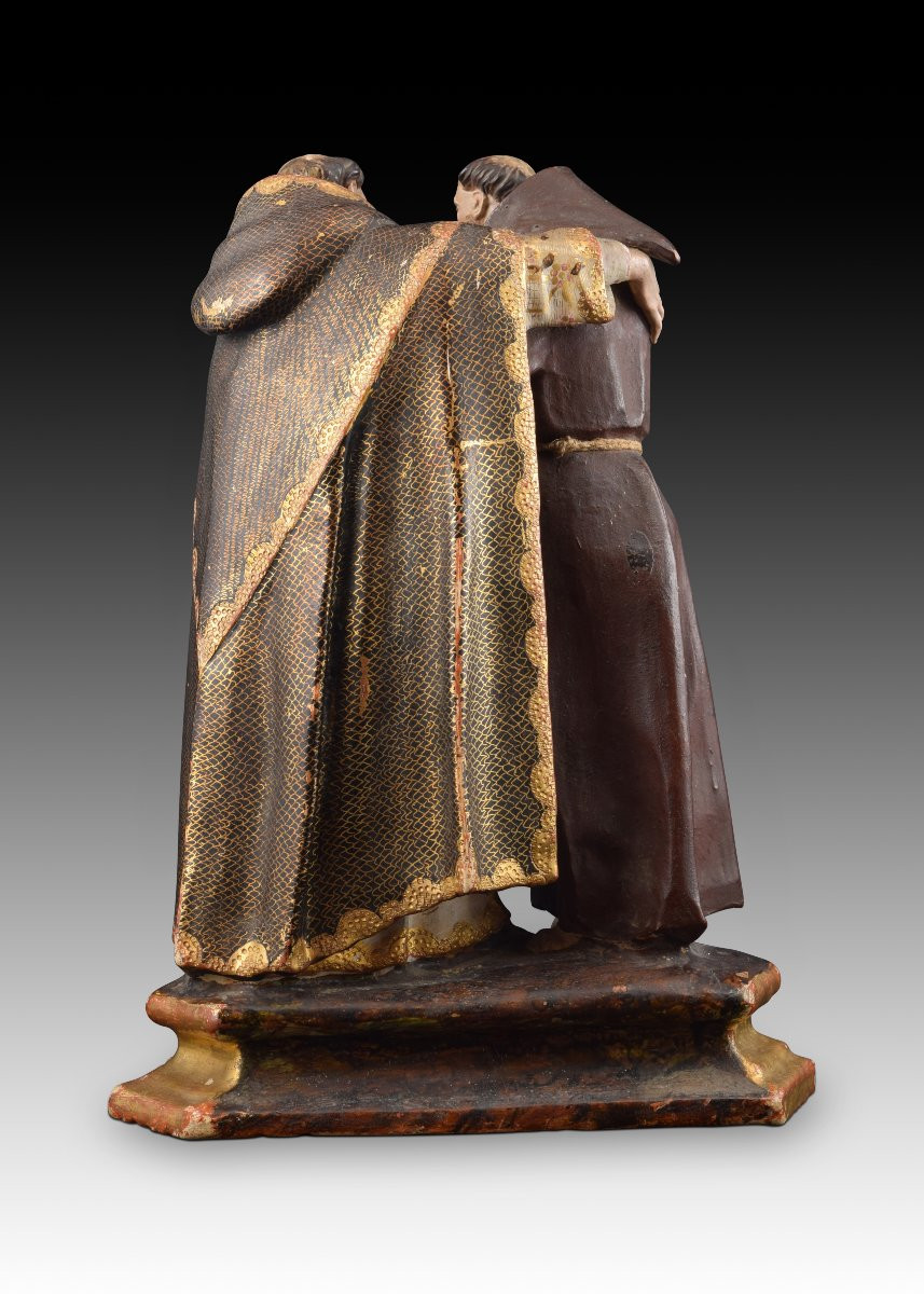“meeting Between Saint Dominic And Saint Francis”. Polychrome Terracotta Sculpture. -photo-4
