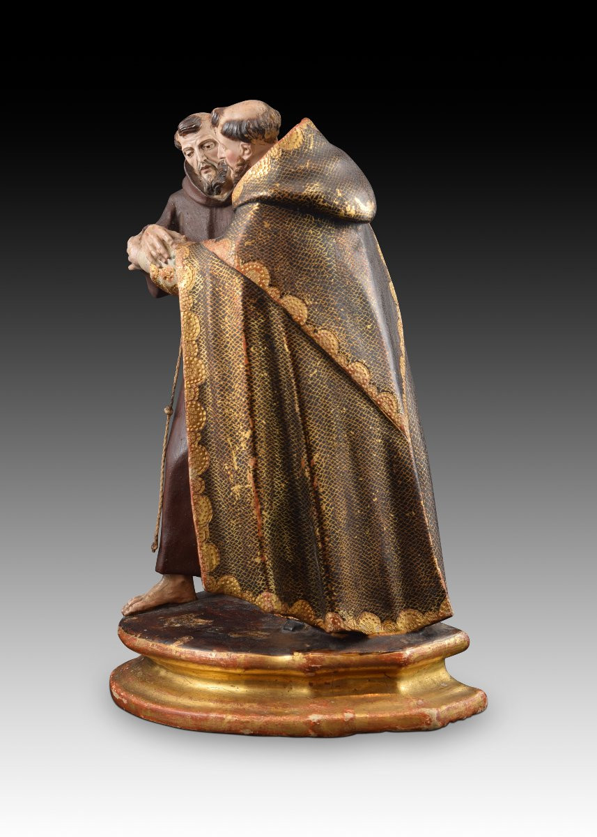 “meeting Between Saint Dominic And Saint Francis”. Polychrome Terracotta Sculpture. -photo-5