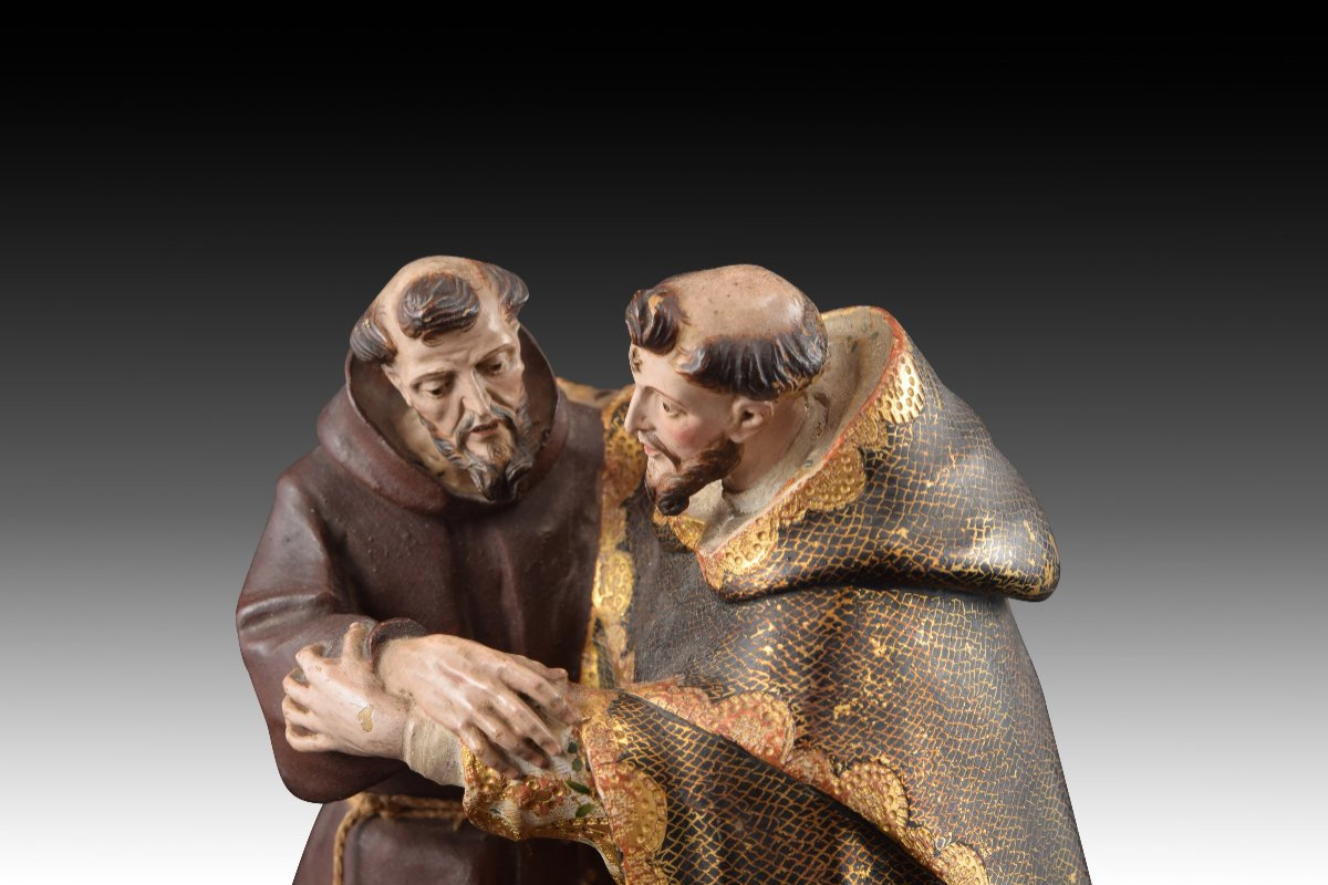 “meeting Between Saint Dominic And Saint Francis”. Polychrome Terracotta Sculpture. -photo-6