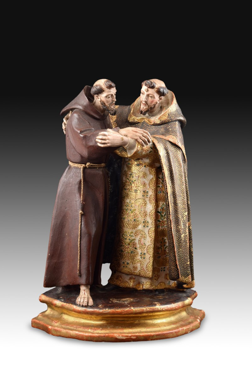 “meeting Between Saint Dominic And Saint Francis”. Polychrome Terracotta Sculpture. 