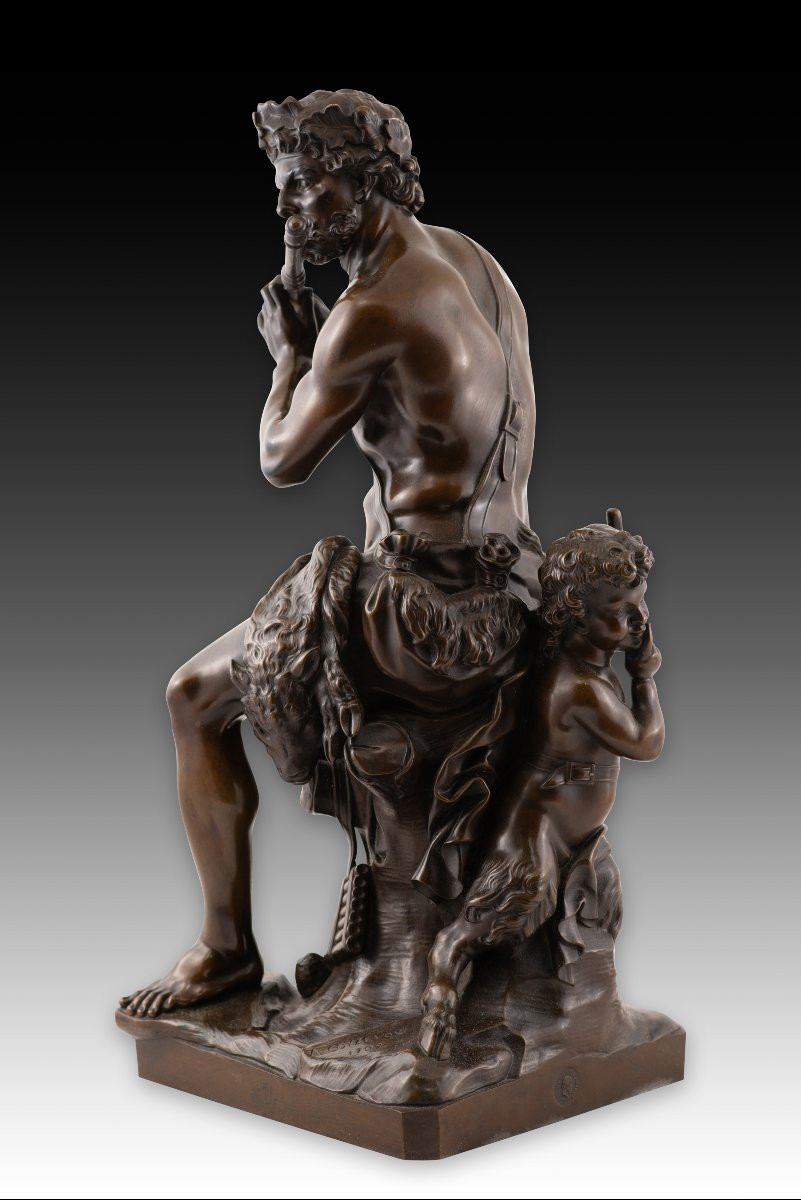  Faun Playing The Flute. Bronze. After Models By Antoine Coysevòx. -photo-3