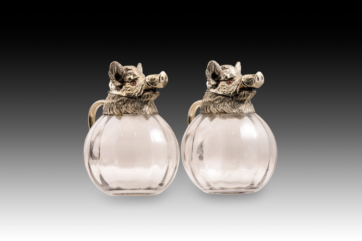  Pair Of Jugs, Wild Boars. Silver-plated Metal, Glass. Probably Spain, 20th Century.-photo-2