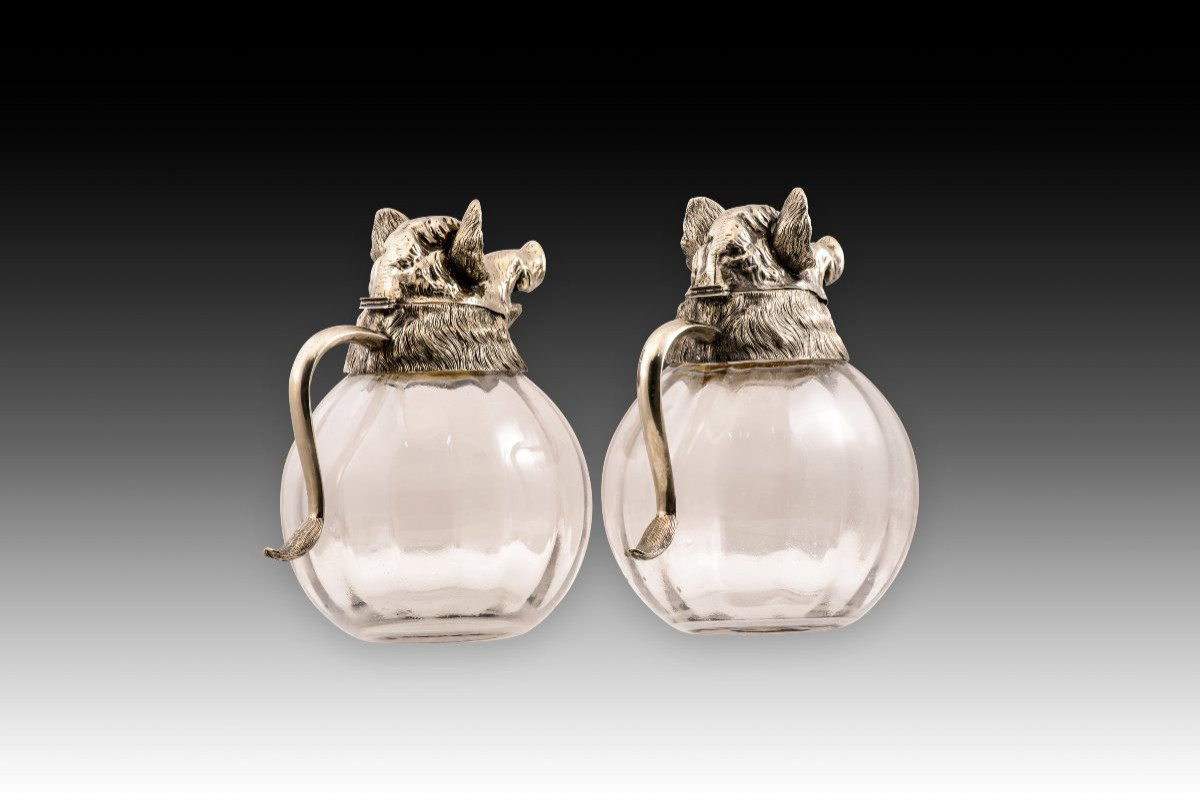  Pair Of Jugs, Wild Boars. Silver-plated Metal, Glass. Probably Spain, 20th Century.-photo-3