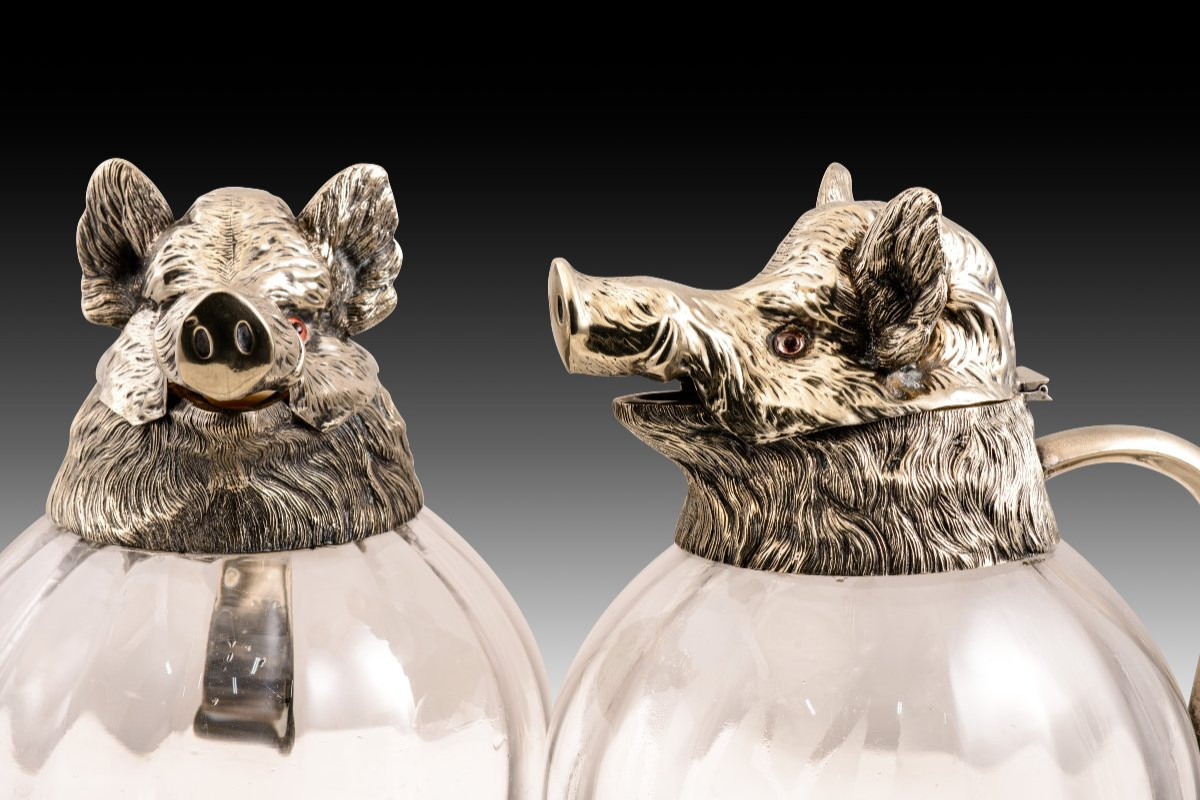  Pair Of Jugs, Wild Boars. Silver-plated Metal, Glass. Probably Spain, 20th Century.-photo-4