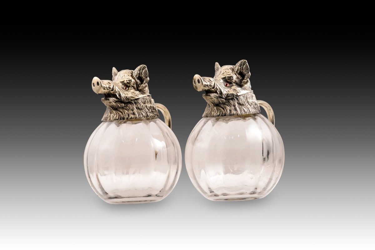  Pair Of Jugs, Wild Boars. Silver-plated Metal, Glass. Probably Spain, 20th Century.