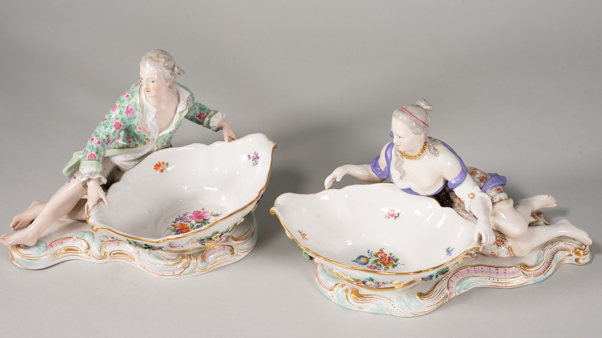 Paire de plateaux à confiture figuratifs. Porcelaine émaillée. Meissen, fin du XIXe siècle. -photo-2