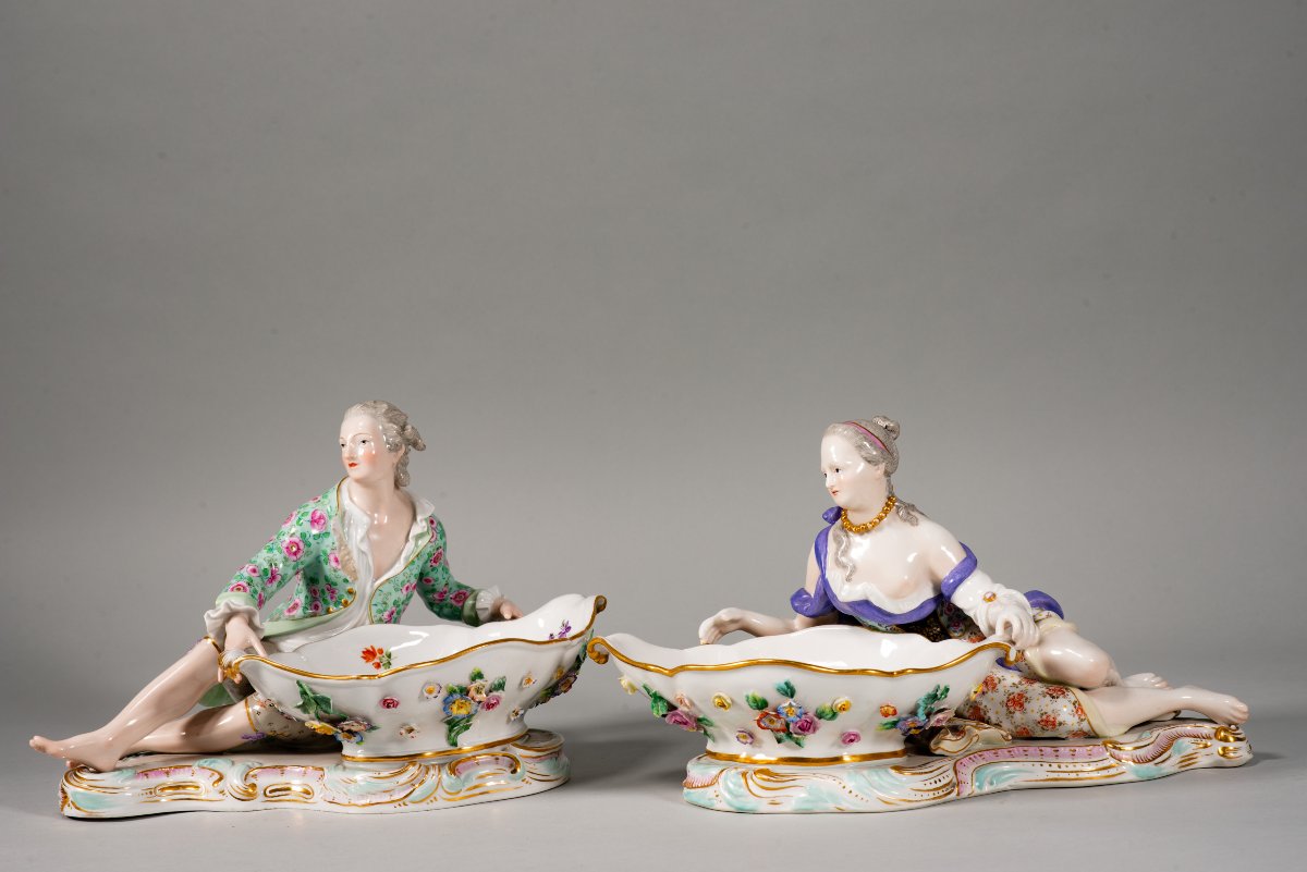 Paire de plateaux à confiture figuratifs. Porcelaine émaillée. Meissen, fin du XIXe siècle. -photo-3