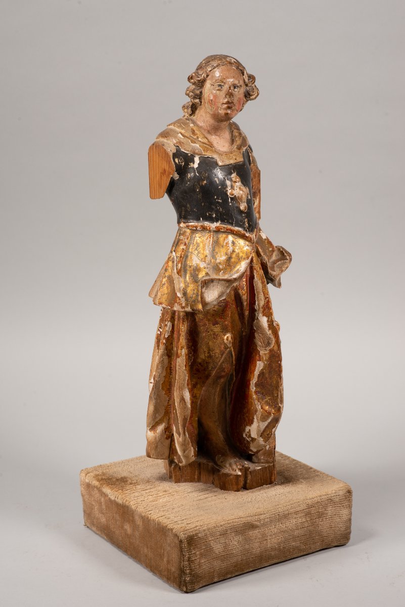  Angel, Archangel Or Saint, On A Base. Carved And Polychrome Wood, Textile, Etc. -photo-2