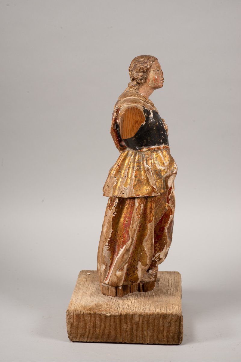  Angel, Archangel Or Saint, On A Base. Carved And Polychrome Wood, Textile, Etc. -photo-3