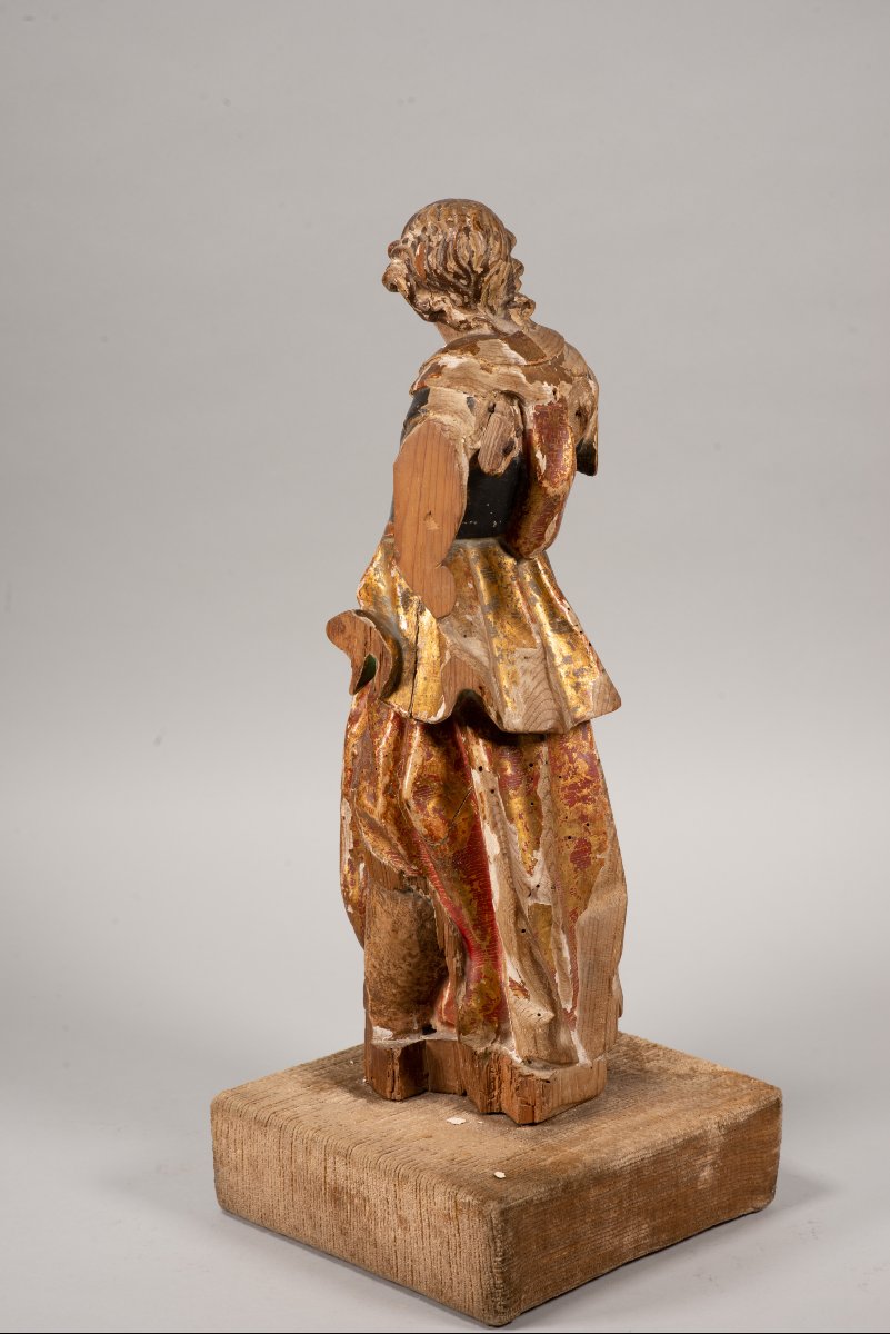  Angel, Archangel Or Saint, On A Base. Carved And Polychrome Wood, Textile, Etc. -photo-4