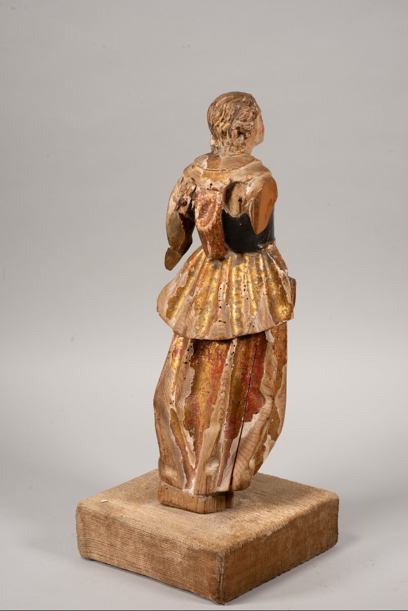  Angel, Archangel Or Saint, On A Base. Carved And Polychrome Wood, Textile, Etc. -photo-1