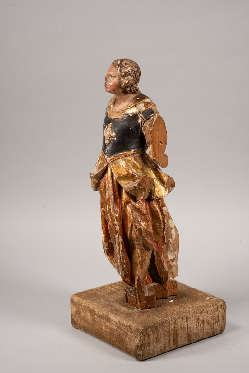  Angel, Archangel Or Saint, On A Base. Carved And Polychrome Wood, Textile, Etc. -photo-2
