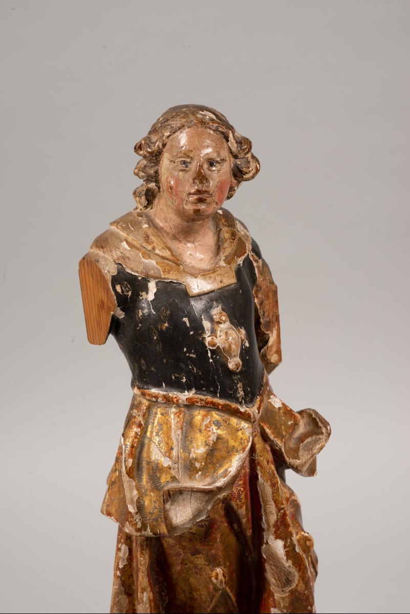  Angel, Archangel Or Saint, On A Base. Carved And Polychrome Wood, Textile, Etc. -photo-3