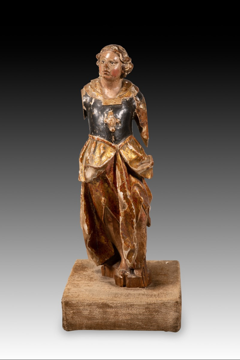  Angel, Archangel Or Saint, On A Base. Carved And Polychrome Wood, Textile, Etc. 