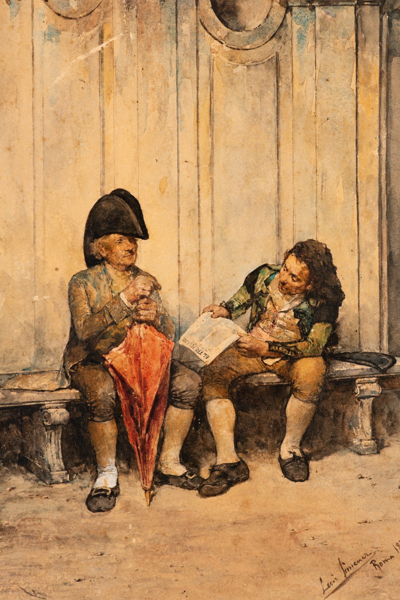 Deux hommes sur un banc. Aquarelle. JIMÉNEZ ARANDA, Luis. Rome, Italie, 1879. -photo-3