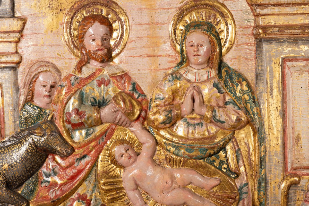  Adoration des bergers. Bois sculpté et polychrome. École coloniale , XVIIIe-photo-3
