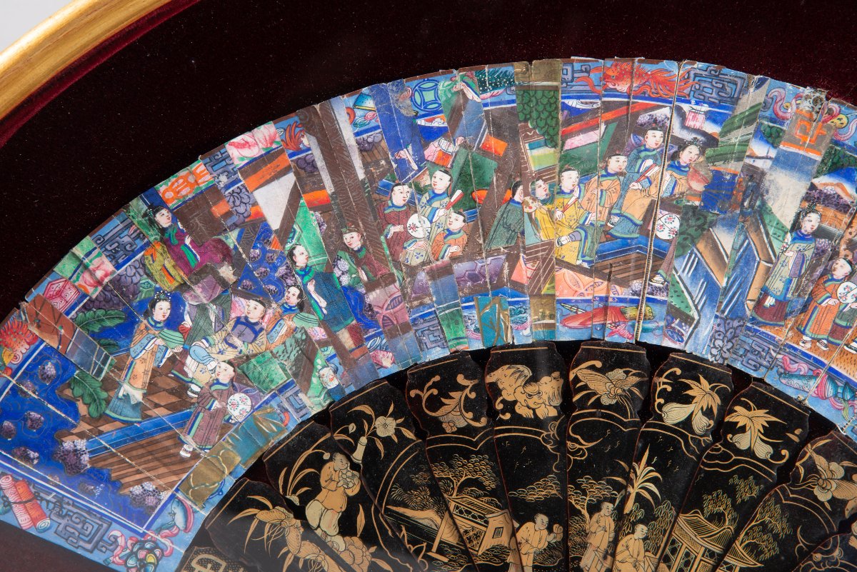 A "thousand-faced" Fan In A Case. Paper, Lacquered Wood, Wood And Glass… Canton, China.-photo-2