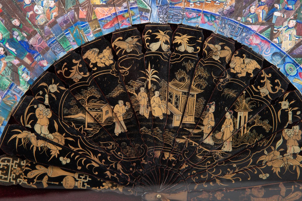 A "thousand-faced" Fan In A Case. Paper, Lacquered Wood, Wood And Glass… Canton, China.-photo-1