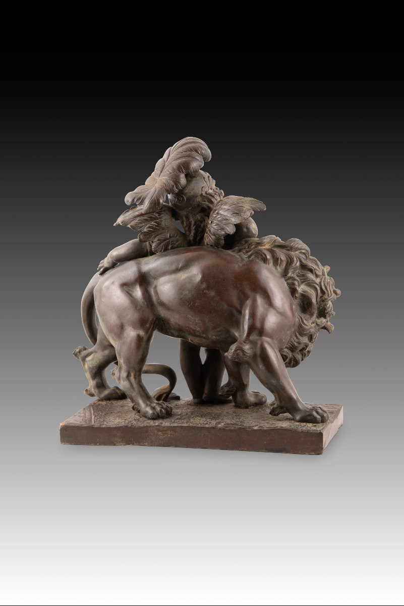 Cupid And The Lion. Bronze. Ferville-suan, Charles Georges (france, 1847-1925). -photo-1