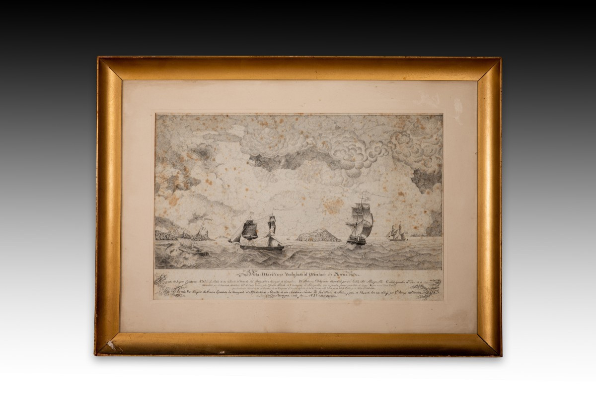 Vue maritime. Gravure encadrée. École espagnole, 1838.  