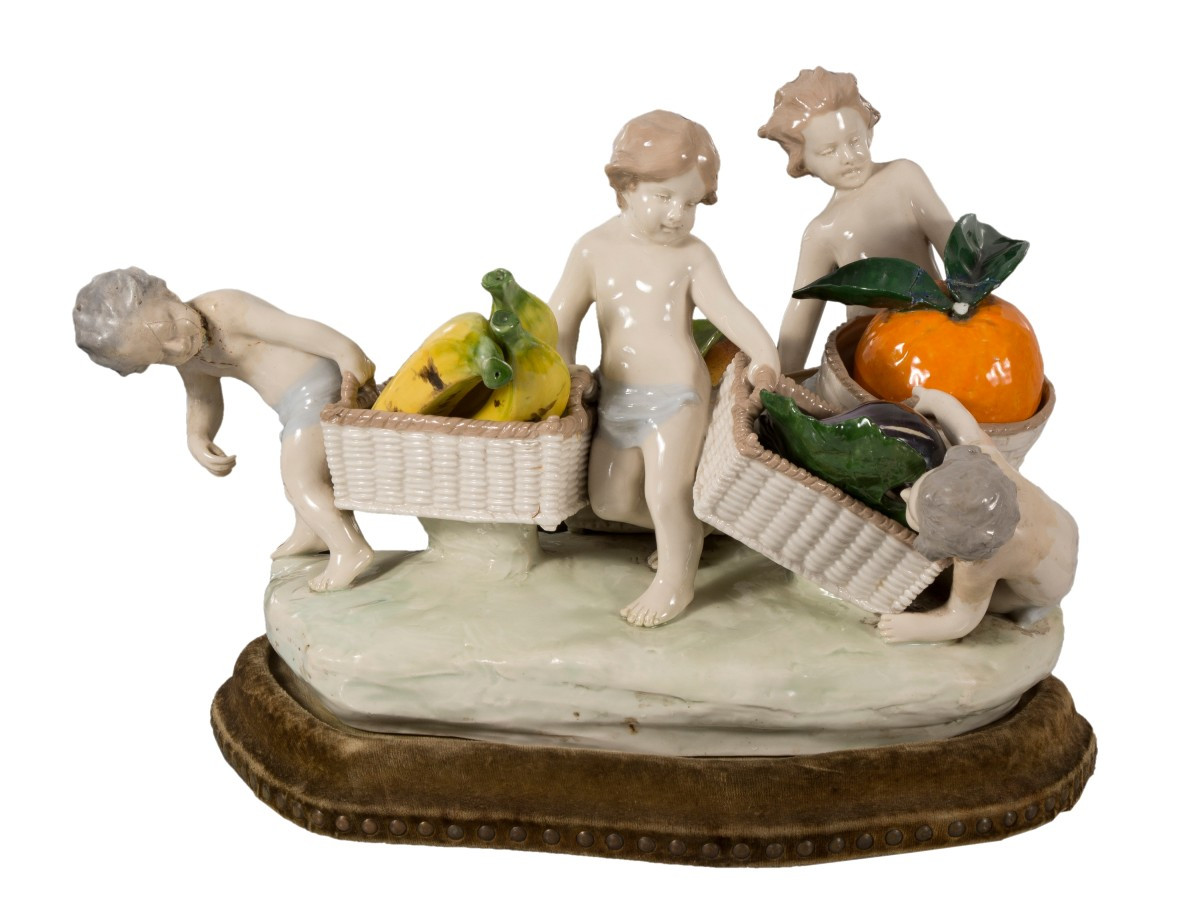 Children With Fruit Baskets, On Base. Glazed Porcelain. Probably Capodimonte,