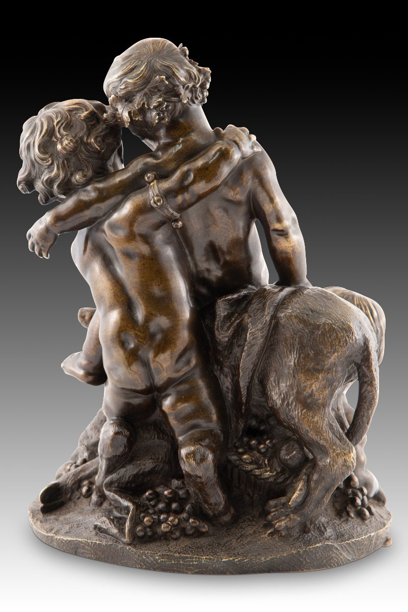 Trois enfants jouant avec un animal sauvage. Bronze. École française, XIXe siècle.-photo-4