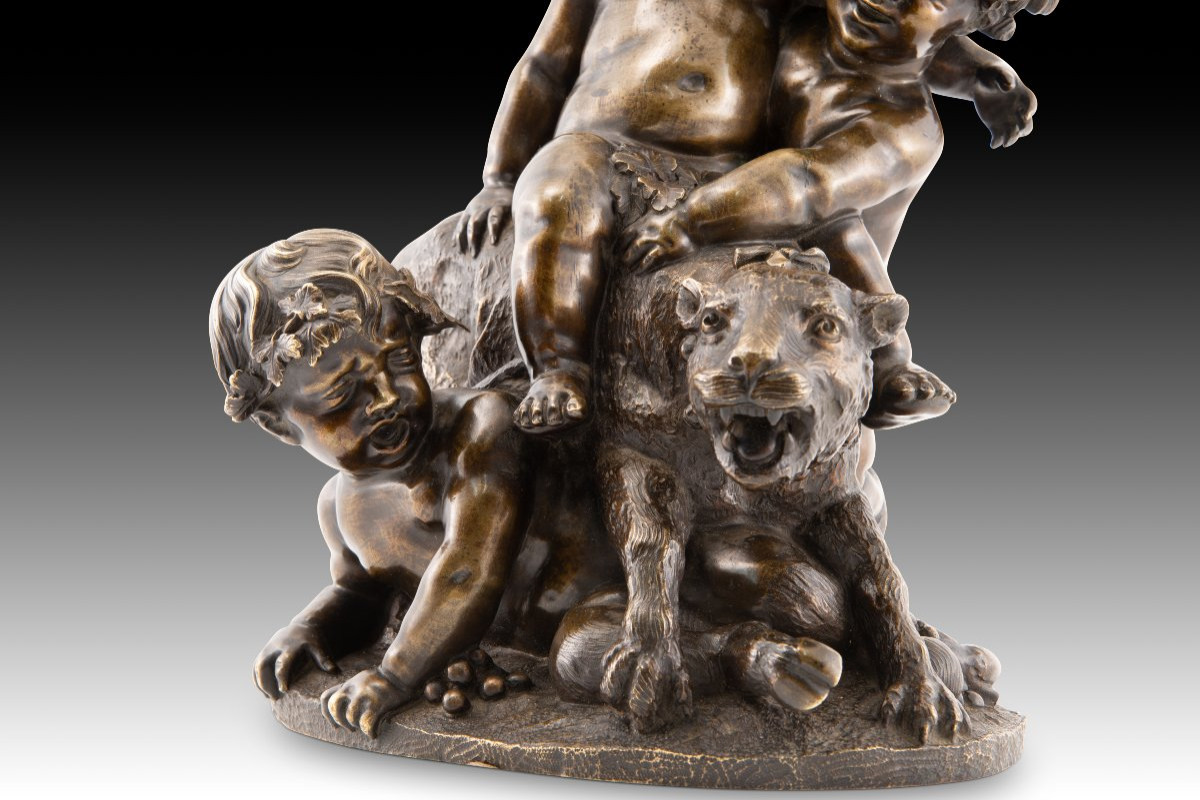 Trois enfants jouant avec un animal sauvage. Bronze. École française, XIXe siècle.-photo-2