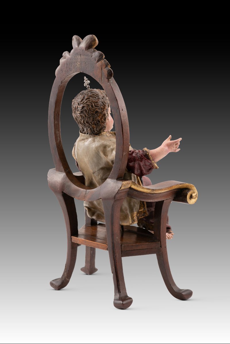 Enfant Jésus sur un trône. Bois, terre cuite, tissu. École espagnole, XVIIIe siècle et après.-photo-4