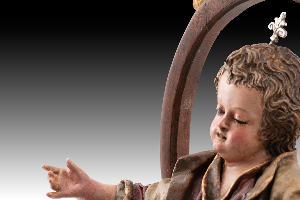 Enfant Jésus sur un trône. Bois, terre cuite, tissu. École espagnole, XVIIIe siècle et après.-photo-4