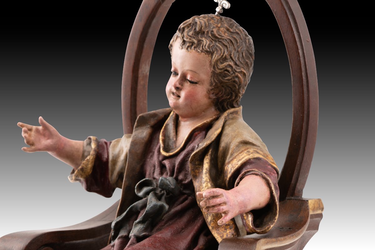 Enfant Jésus sur un trône. Bois, terre cuite, tissu. École espagnole, XVIIIe siècle et après.-photo-5