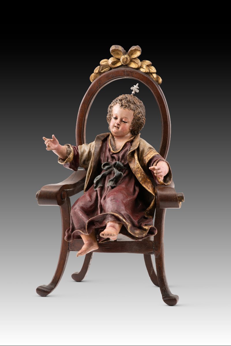Enfant Jésus sur un trône. Bois, terre cuite, tissu. École espagnole, XVIIIe siècle et après.