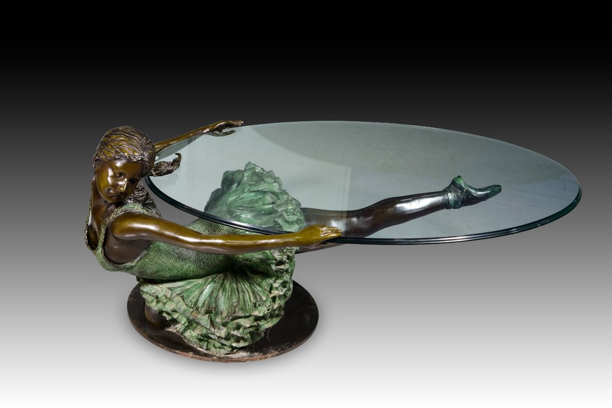 Coffee Table, “la Danseuse.” Bronze, Glass. 20th Century. 