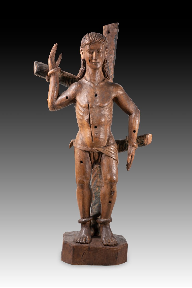 Saint Sébastien. Bois sculpté. Probablement de l'école espagnole, XVIIIe siècle. -photo-2
