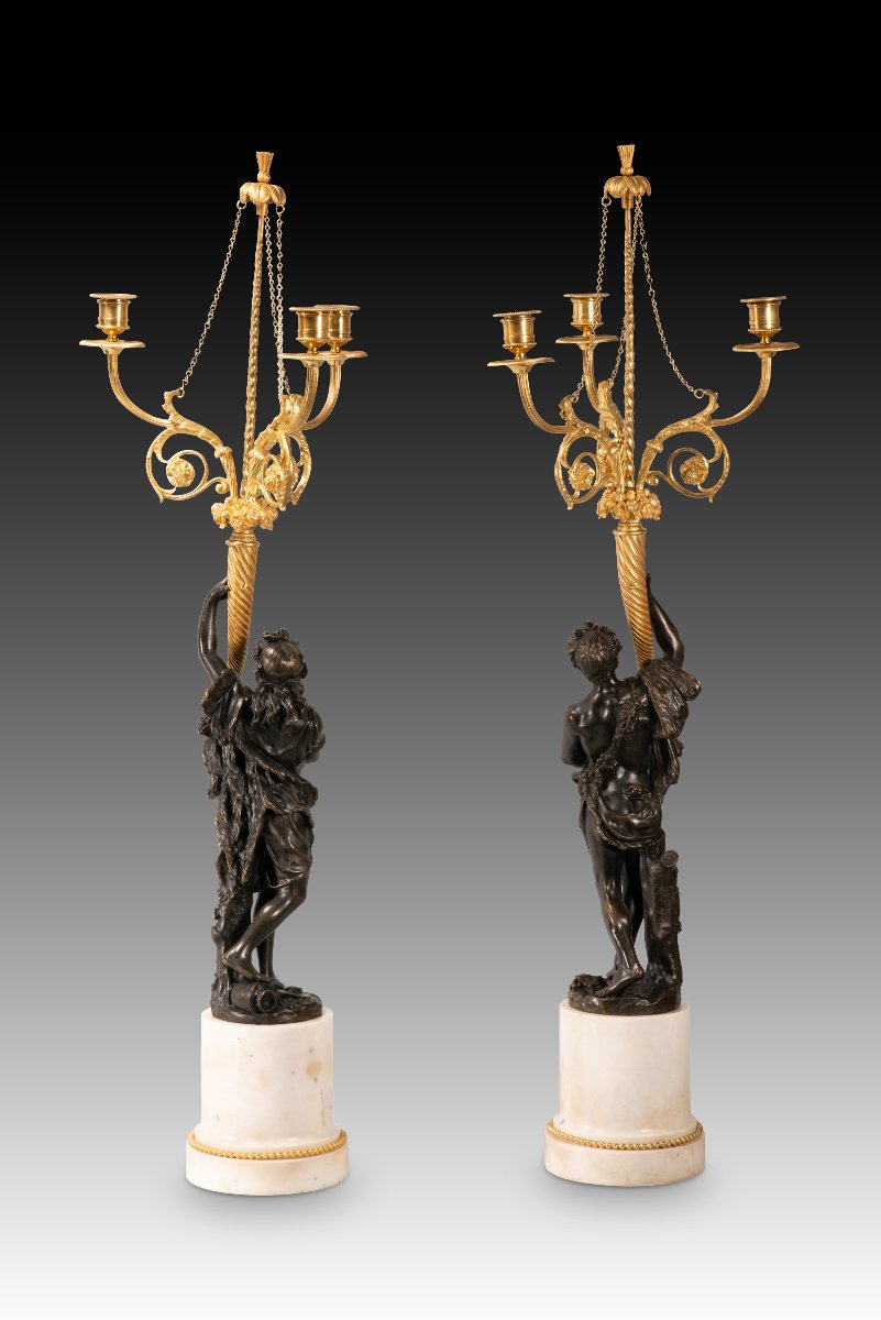 Pair Of Candlesticks. Marble, Gilded And Patinated Bronze. Based On Designs By Clodion -photo-2