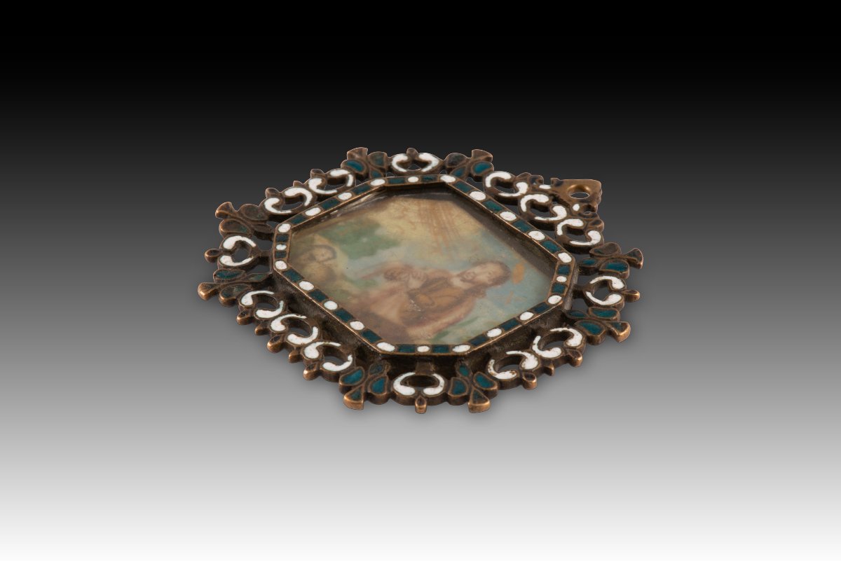 Pendentif de dévotion ou plaque de confrérie. Bronze, émail, etc. Espagne, XVIIe siècle.-photo-3