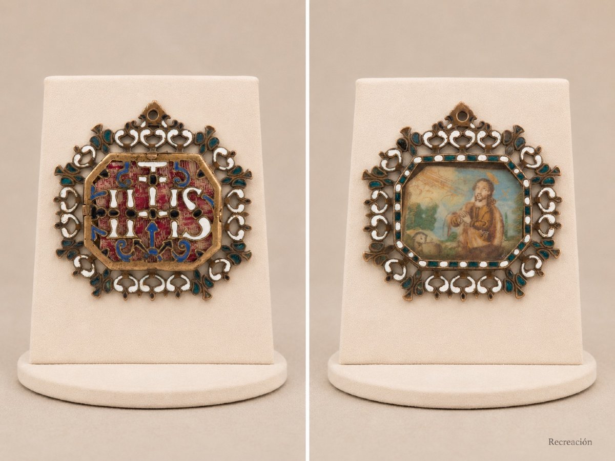 Pendentif de dévotion ou plaque de confrérie. Bronze, émail, etc. Espagne, XVIIe siècle.-photo-4